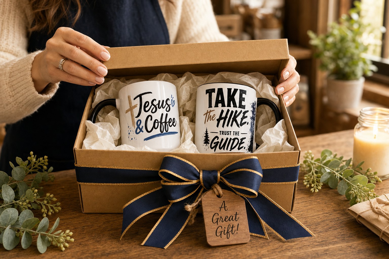 Jesus & Coffee and Take the Hike mugs gift-wrapped in a kraft box tied with a navy and gold ribbon, tagged 'A Great Gift!'